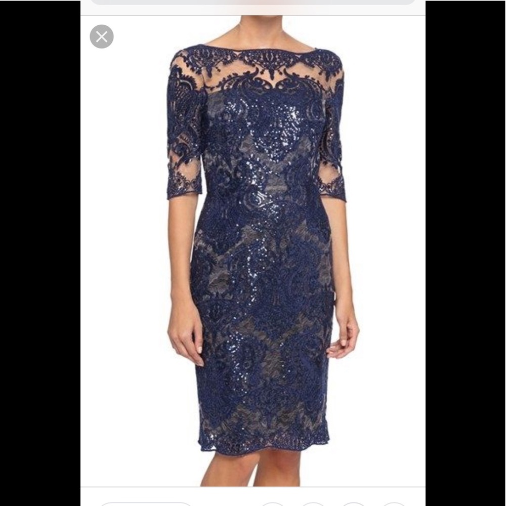 tahari sequin lace sheath dress blue size 6P